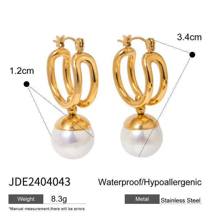 18K Gold Stainless Steel Round Pearl Pendant Earrings - Fashionable Titanium Steel Jewelry