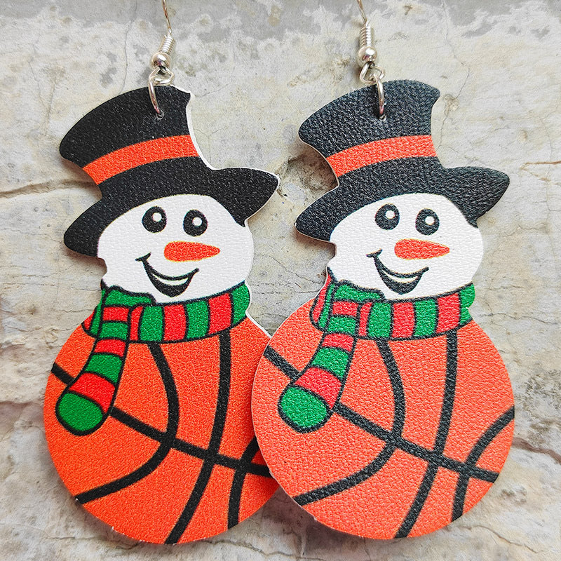 Christmas Snowman Leather Earrings with Sports Ball Design