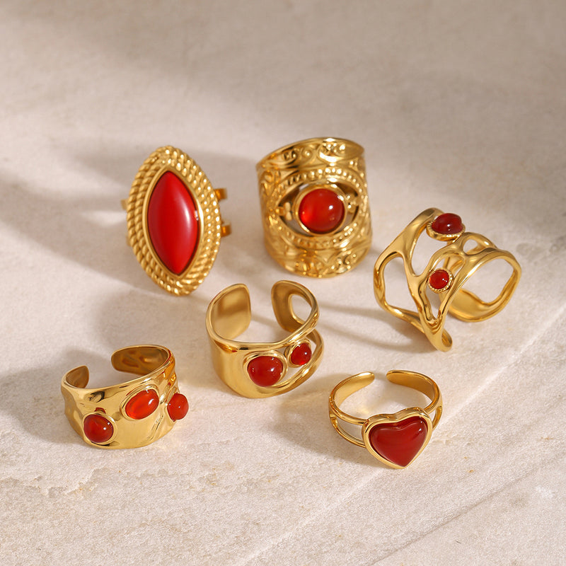 Anillo abierto de ágata roja de acero inoxidable