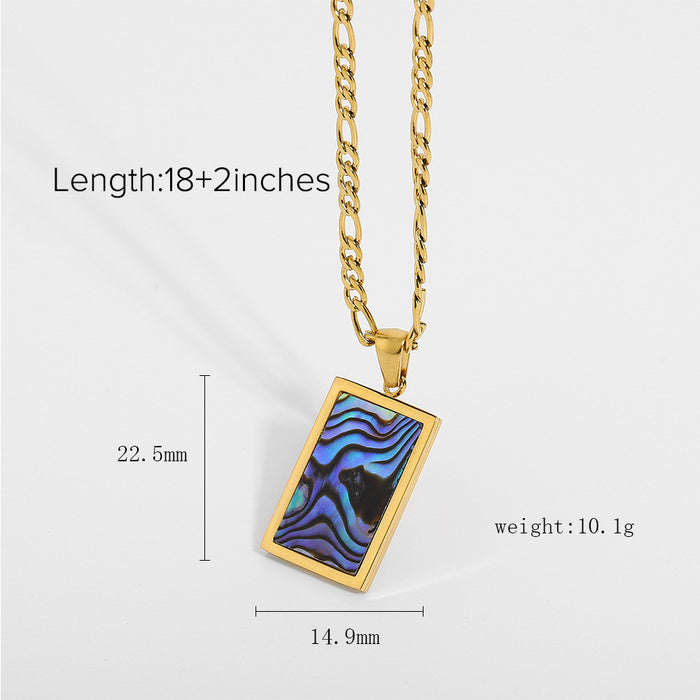 Rectangle Abalone Malachite Onyx Shell Pendant Necklace - Stainless Steel Electroplated Chain with Lock Clasp