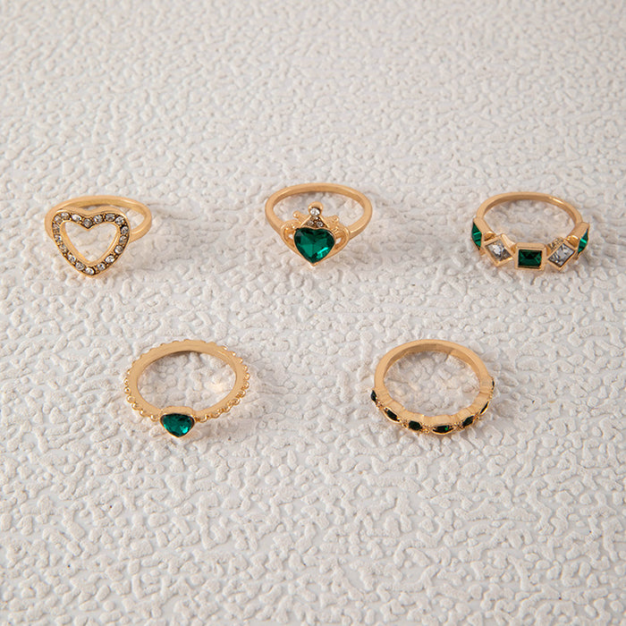 Luxury Emerald Heart Rhinestone Ring Set - Simple Five-Piece Set for Women