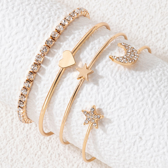 Diamond Star and Moon Bracelet Set - Four-Piece Heart Jewelry