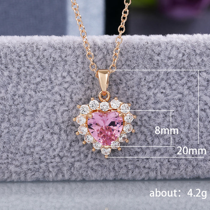 Collar sencillo de circonitas en forma de corazón con diamantes rosas, versátil para mujeres