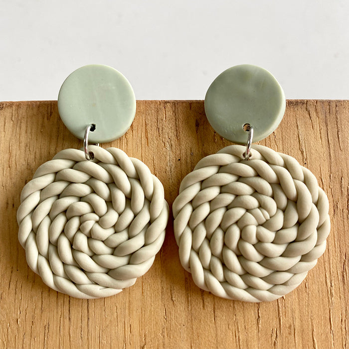 Handmade Geometric Clay Earrings - Artistic Woven Texture Circle Design