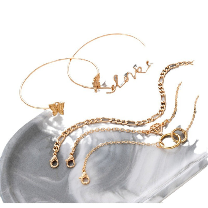 Butterfly Diamond Hollow Bracelet Set - Round Letter Chain Open Cuff Bangle