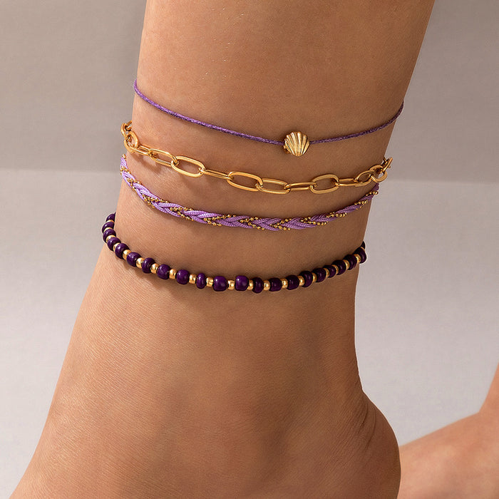 Bohemian-Style Shell and Beaded Multi-Layer Anklet Set