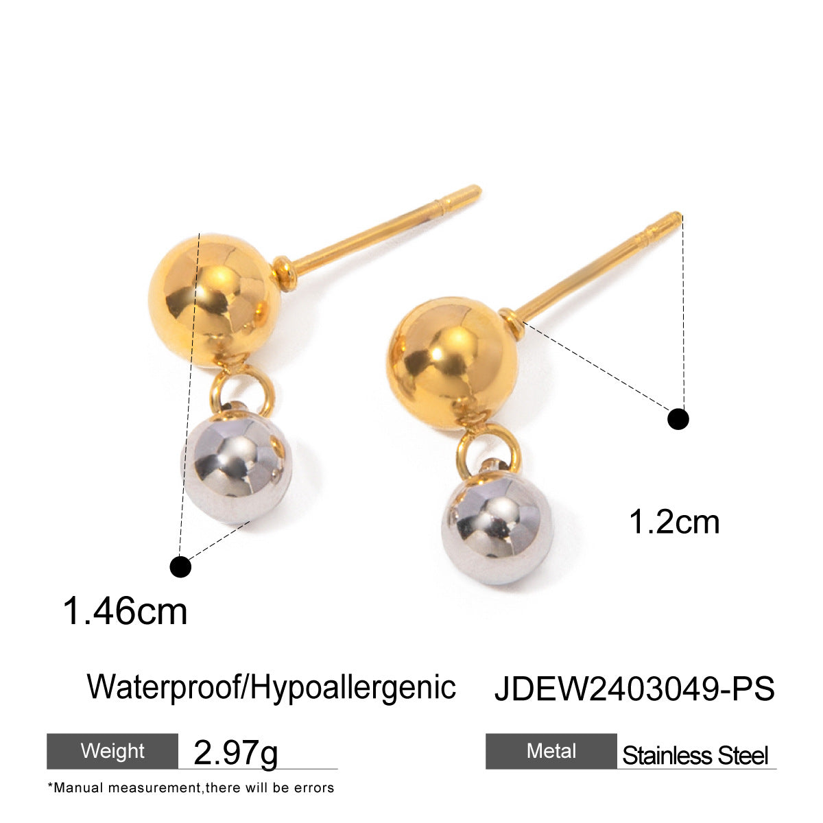 18K Gold Plated Stainless Steel Two-Tone Round Bead Earrings - Geometric Fashion Jewelry