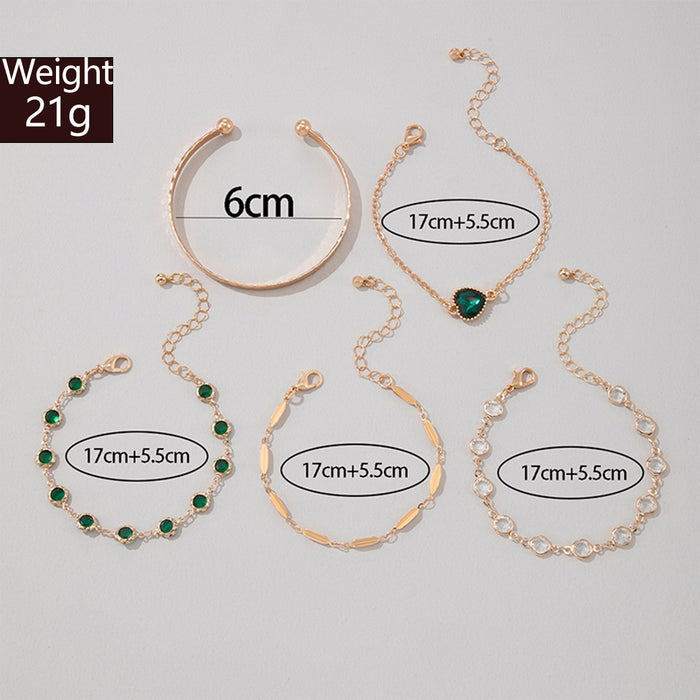 Conjunto de pulseras con corazón de diamantes de imitación verdes: cinco piezas de joyería retro para mujer