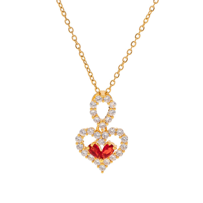 18K Gold-Plated Stainless Steel Necklace - Red and White Zircon Water Drop Pendant for Women