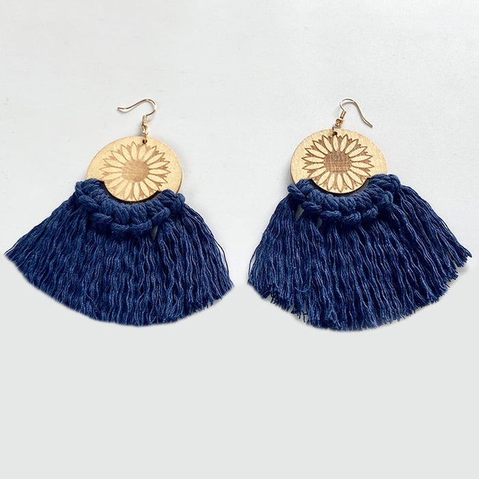 Wooden Sunflower Tassel Earrings with Ethnic Style