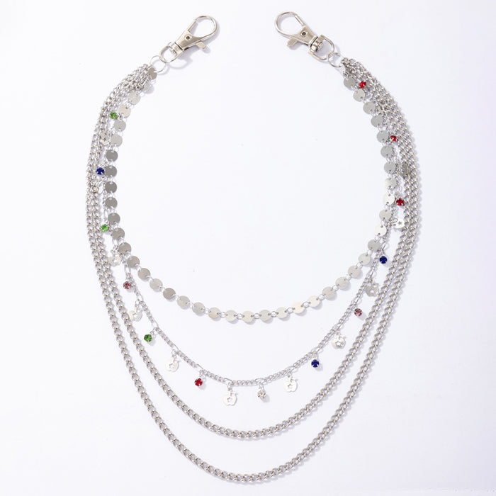 Colorful diamond-studded multi-layer metal disc trouser chain four-layer jewelry