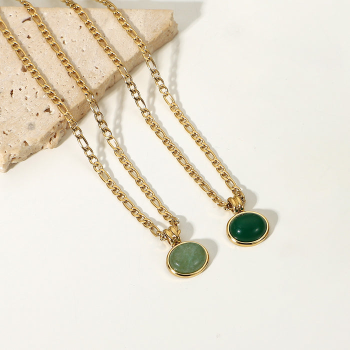 14K Gold-Plated Figaro Chain Necklace with Green Aventurine Pendant - Retro Stainless Steel Clavicle Chain