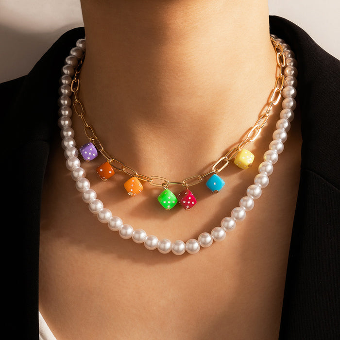 Colorful Resin Dice Multi-Layer Necklace with Chain Pearl Bead Two-Layer Clavicle Chain