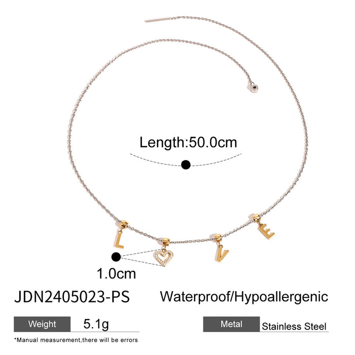 Collar de acero inoxidable con letras y pendientes de corazón, anillo liso