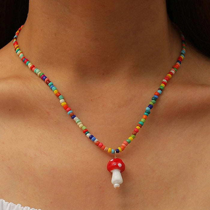 Colorful Beaded Mushroom Pendant Necklace with Candy Color Beads Design