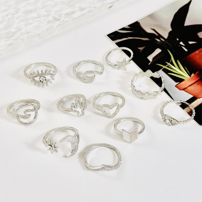 Conjunto de anillos de luna con múltiples articulaciones y diseño minimalista en forma de corazón: anillos con diseño inspirado en cactus y diamantes, colección de 11 piezas