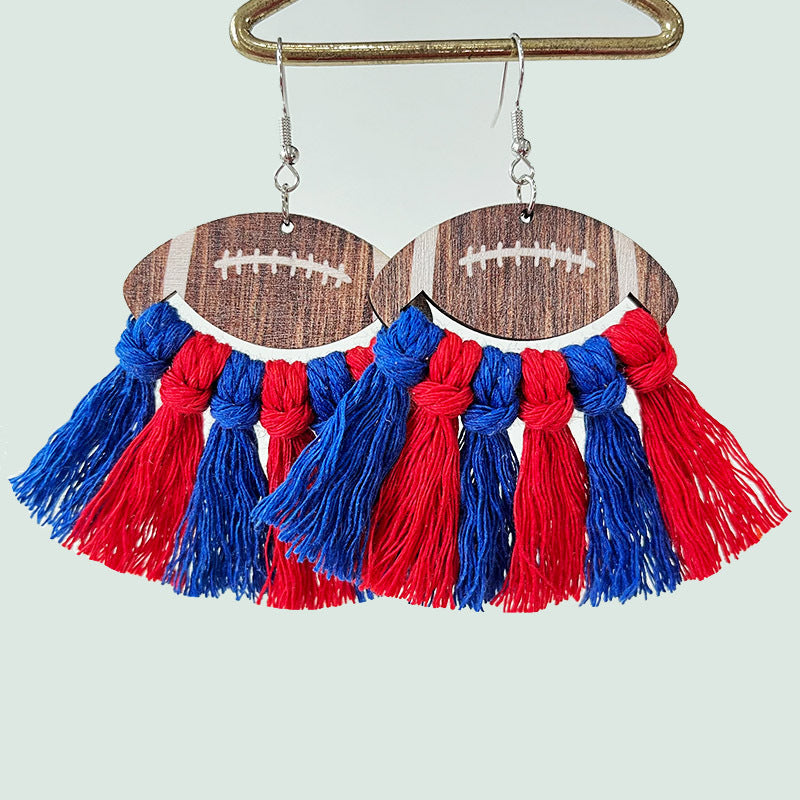 Sports Themed Woven Tassel Wooden Earrings for American Football Cheerleaders