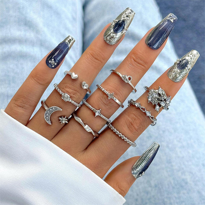 Nuevo conjunto de anillos de diamantes con forma de estrella y luna: anillos creativos con forma de corazón y flor en forma de gota de agua, colección de 10 piezas