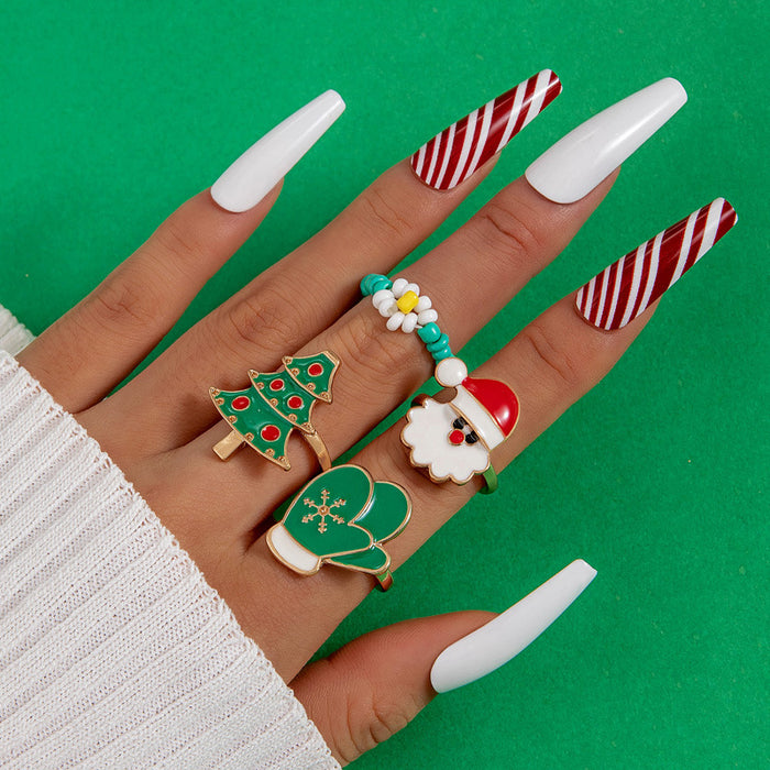 Christmas Enamel Ring Set - Cute Tree, Gloves, and Santa Four-Piece Set for Women