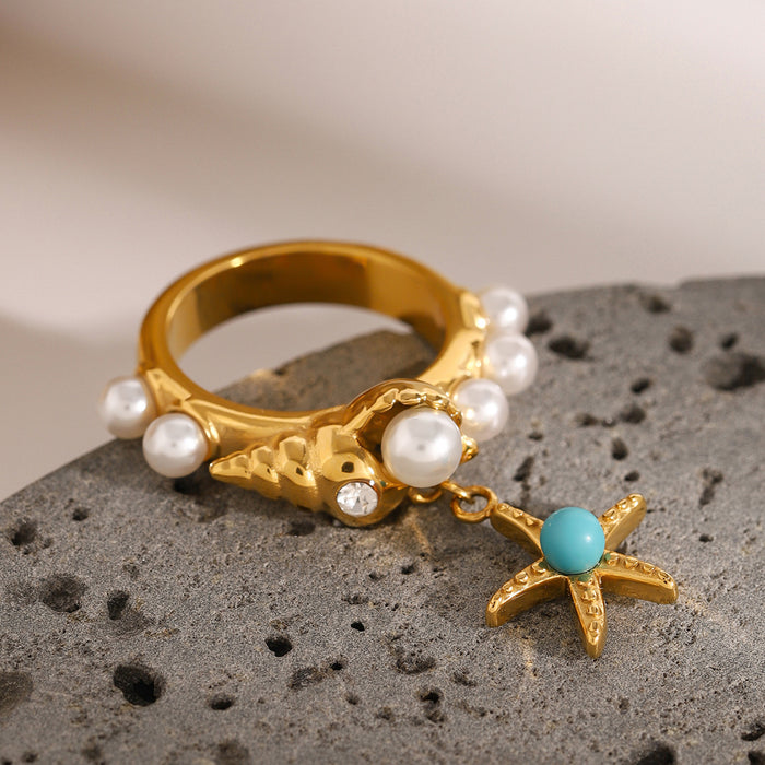 Stainless steel pearl starfish ring ocean style