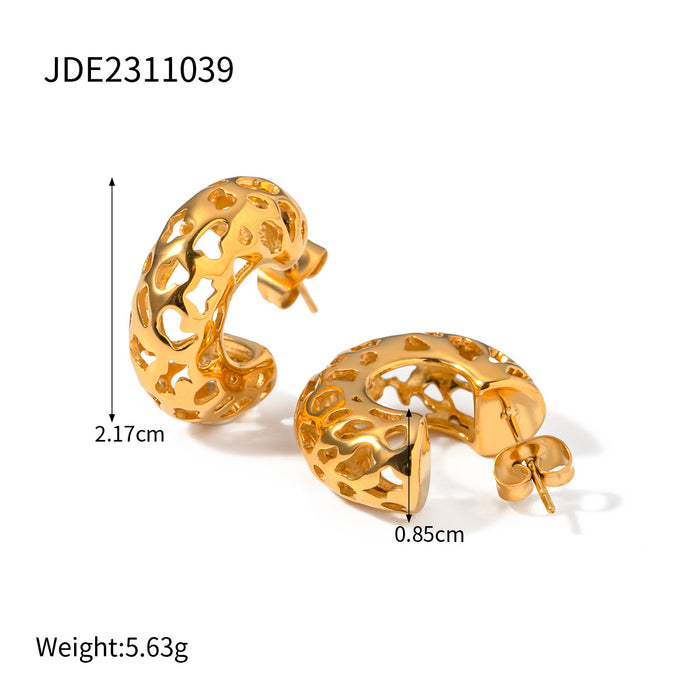 New 18K Gold Stainless Steel Hollow C-Shaped Earrings - Stylish Unique Women's Gift Jewelry