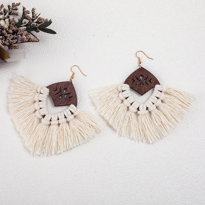 Macrame Handwoven Wooden Earrings with Natural Tassels in a Stylish Ethnic Design