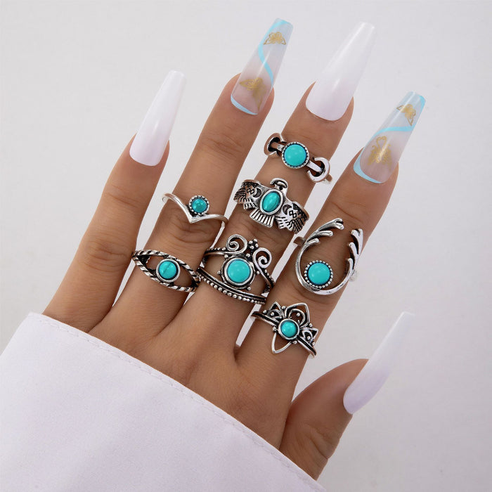 Vintage Turquoise Owl Eye Ring Set - 7pcs Exaggerated Rings