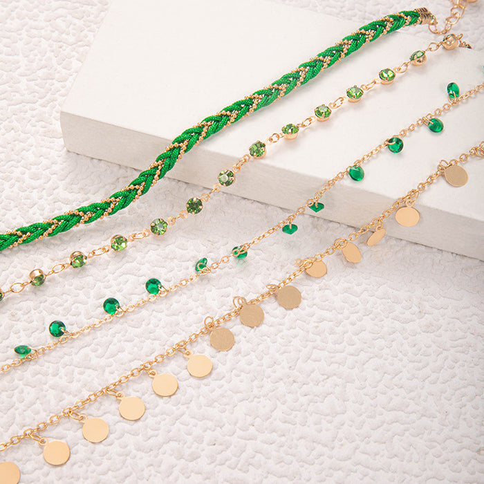 Woven Rope Green Tassel Anklet Set - Multilayer Rhinestone Jewelry