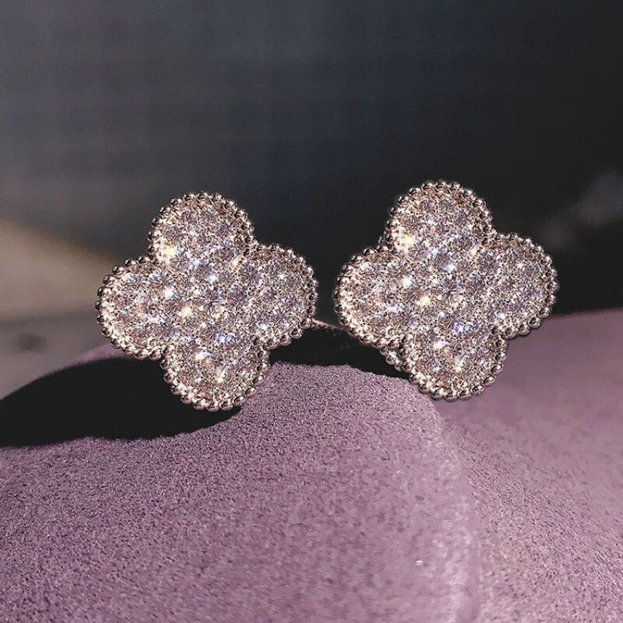 Full diamond micro-encrusted four-leaf clover earrings