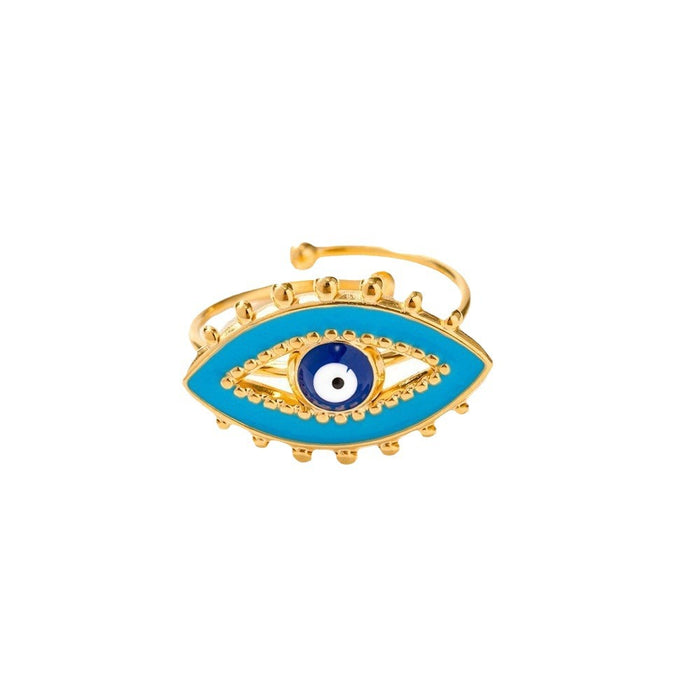 18K Gold Plated Stainless Steel Blue Enamel Evil Eye Ring - Fashionable and Tarnish-Resistant