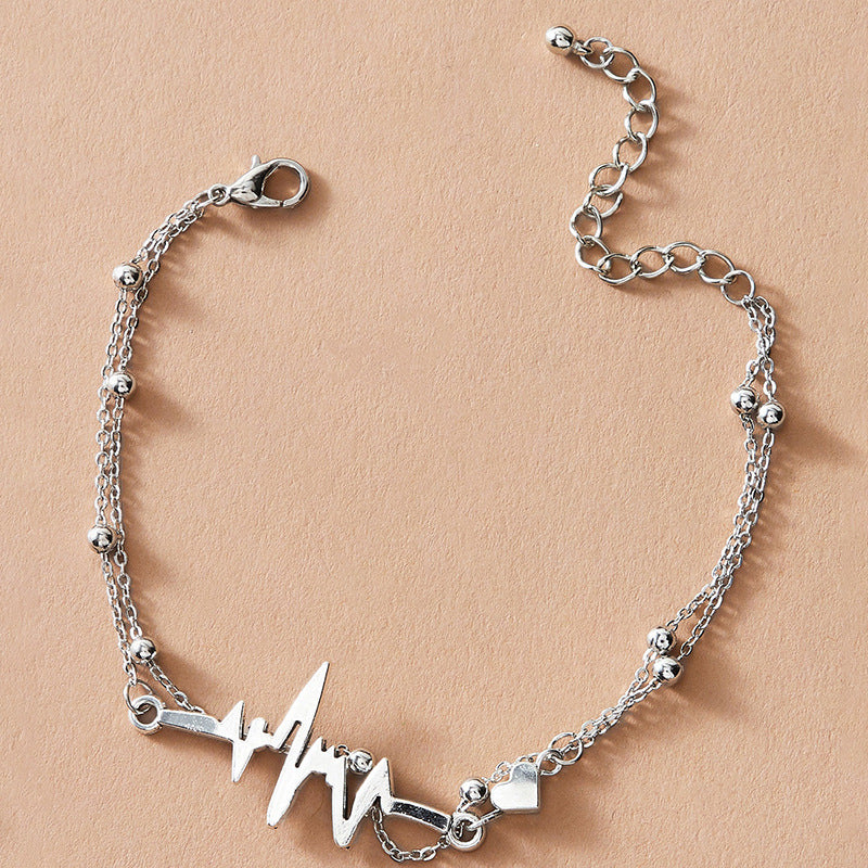 Heartbeat Metal Double Layer Anklet with Irregular Bead Silver Multi-Layer Chain