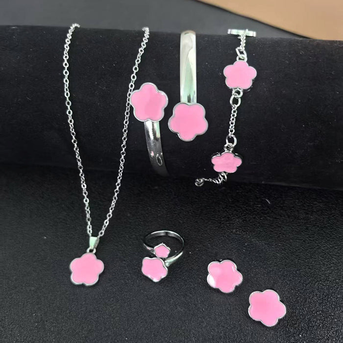 Wholesale 5-piece set of five-petal flower necklace, bracelet, bangle, earrings, and ring - wallojewerly 