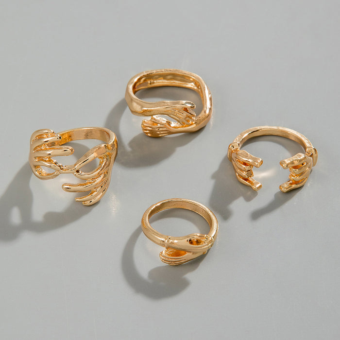 Design-Inspired Double-Hand Embrace Ring Set – Creative Hand-Palm Gold Open Rings, 4-Piece Collection