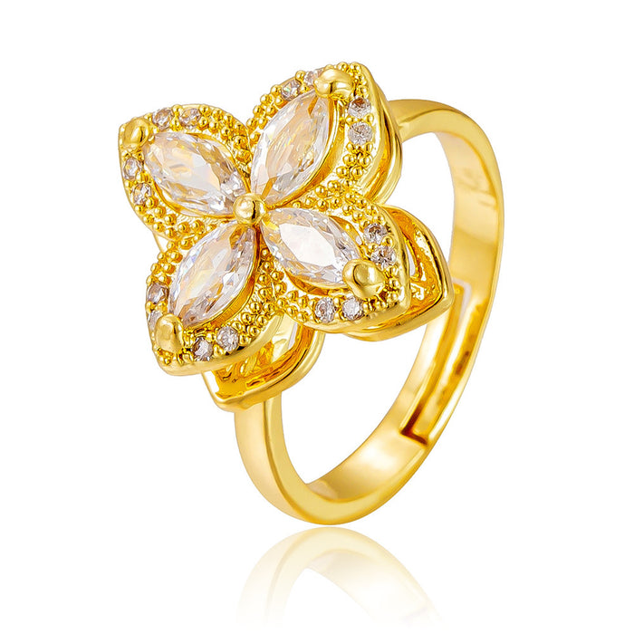 Wholesale micro-pave zircon and diamond-encrusted four-leaf clover flower rotating ring
