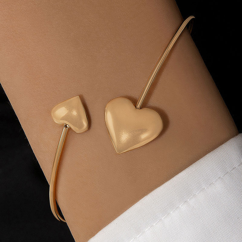 Double Heart Cuff Bracelet - Minimalist Open Circle Bangle Jewelry for Women