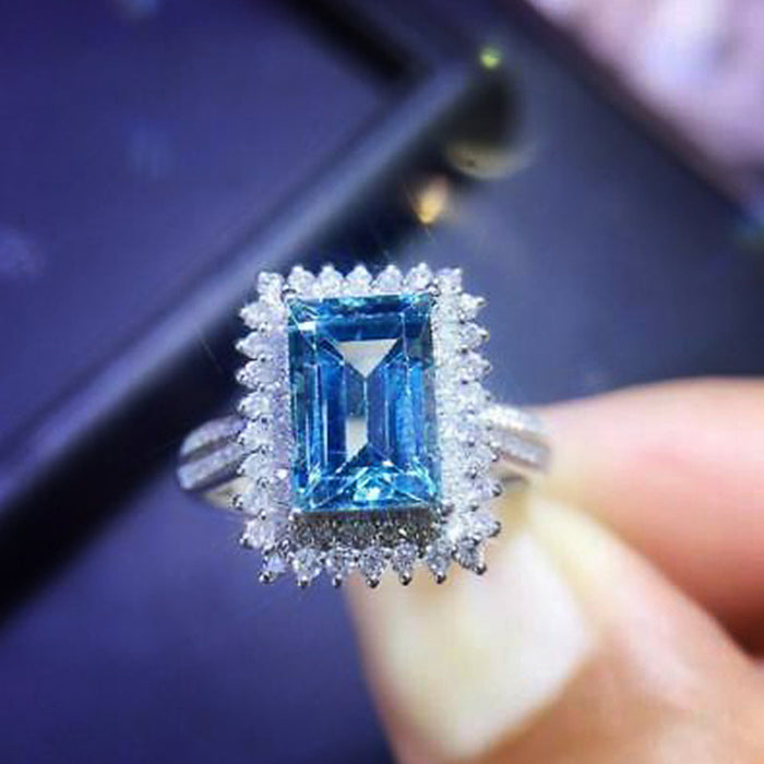 Anillo de novia de lujo con diamantes y circonitas cuadradas de color azul marino