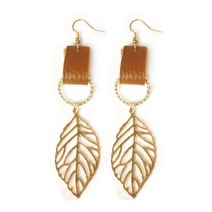 Cross-Border Trendy Earrings with Creative Leaf Design and Leather Elements