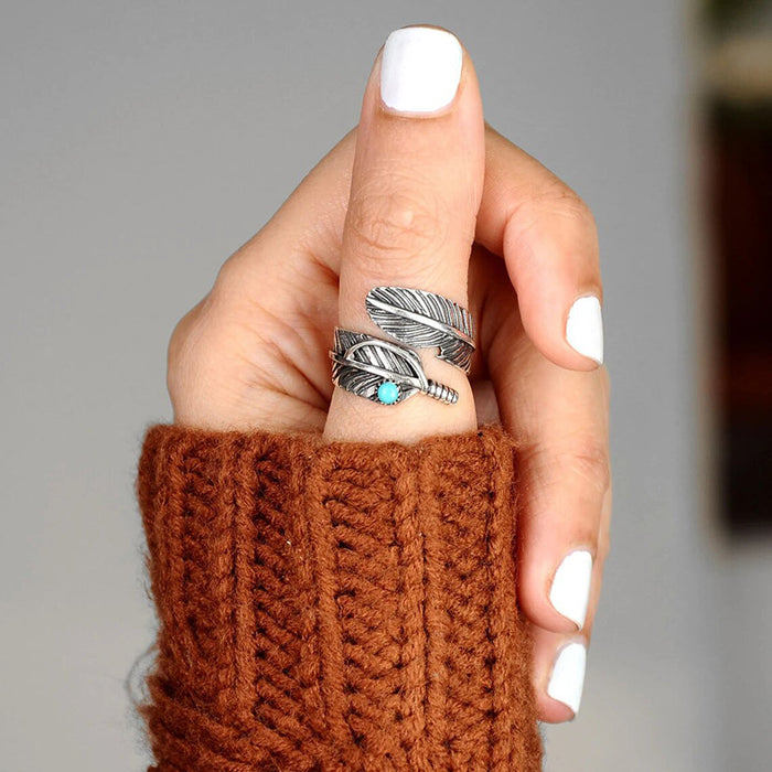 Women's open adjustable imitation turquoise feather texture ring
