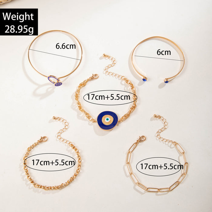 Stylish Blue Eye Bracelet Set - Women's Five-Piece Jewelry with Elegant Edges