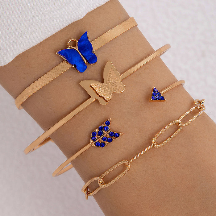 Butterfly and Gemstone Bracelet Set – Four-Layer Geometric Jewelry