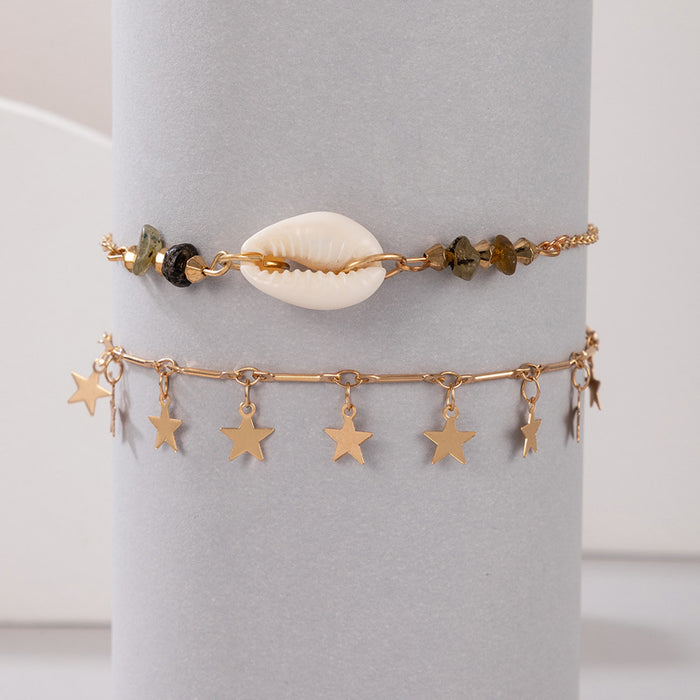 Shell and Star Multi-Layer Anklet with Heart and Chain Design