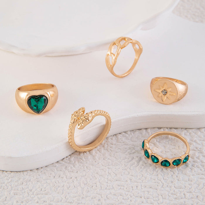 Retro Faux Emerald Rhinestone Ring Set - Simple Star Heart Five-Piece Set for Women