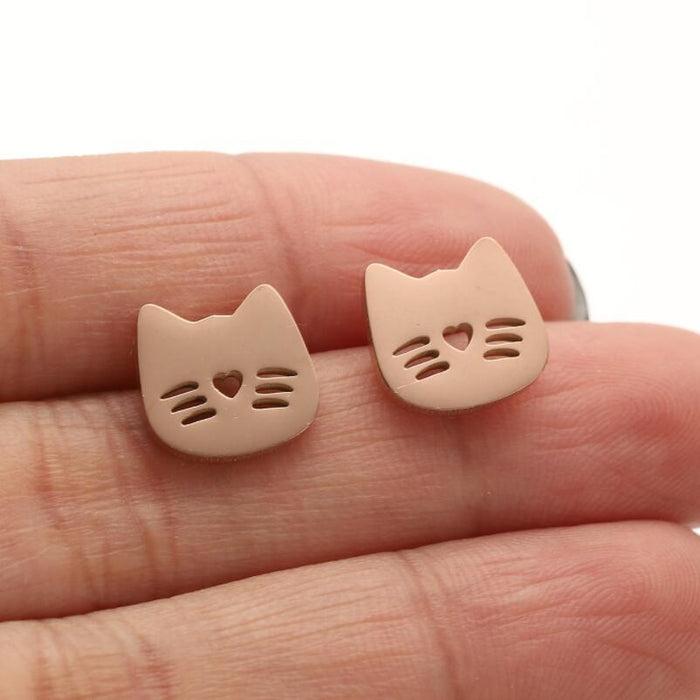 Cat and Heart Hollow Stainless Steel Stud Earrings - Cute and Playful Animal Jewelry