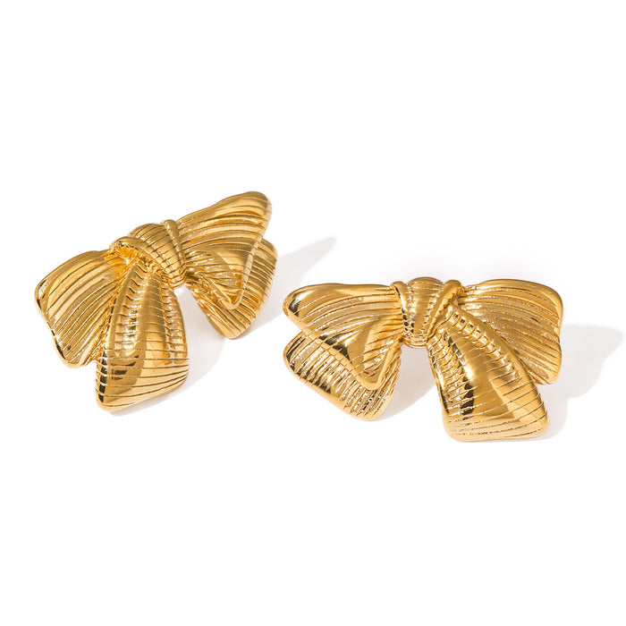 18K Gold Stainless Steel Brushed Stripe Earrings - Bowknot Titanium Steel Studs