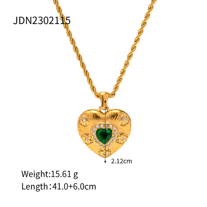 18K Gold-Plated Stainless Steel Zircon Necklace - Vintage Heart Pendant Titanium Steel Jewelry for Women - wallojewerly 