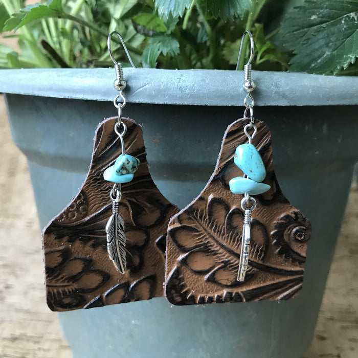 Vintage Floral Print Cowhide Earrings with Turquoise Leaf and Bottle Pendant - wallojewerly 
