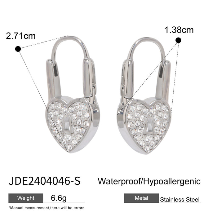 Stainless Steel Heart Lock Earrings - High-End Luxury Titanium Steel Earrings with Zircon Inlay