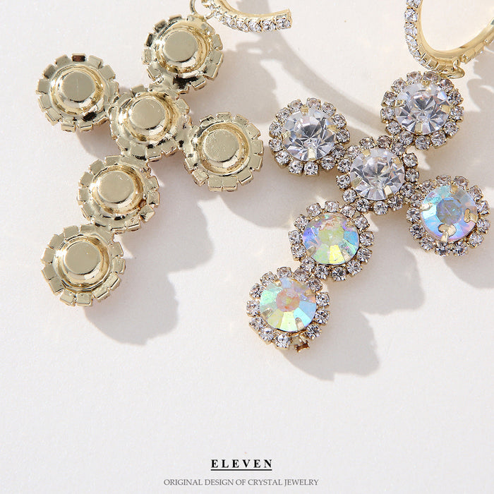 Exaggerated Cross Hoop Earrings - Colorful Rhinestone Jewelry for Women
