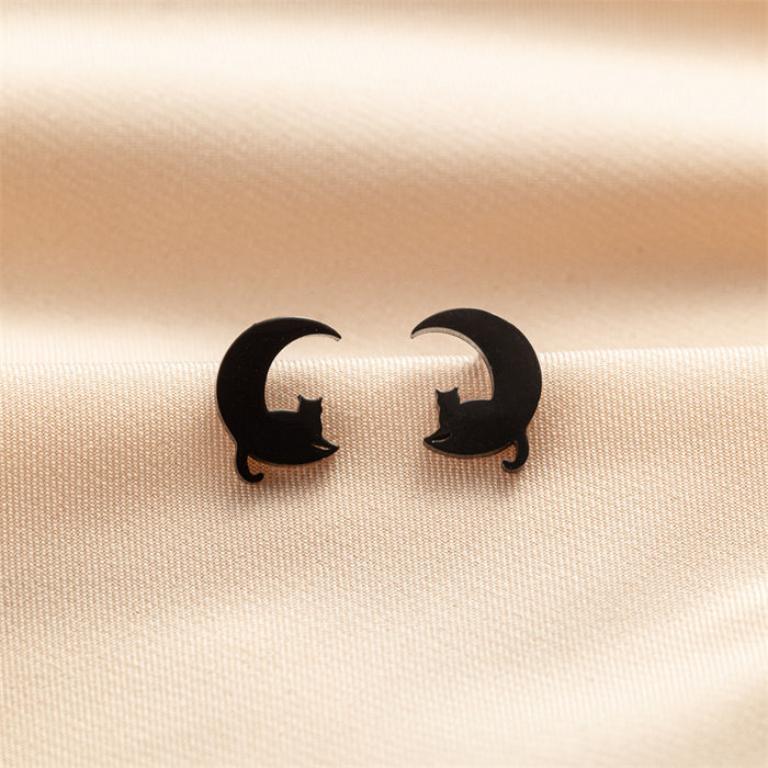 Moon and Cat Stainless Steel Stud Earrings - Simple and Playful Animal Jewelry