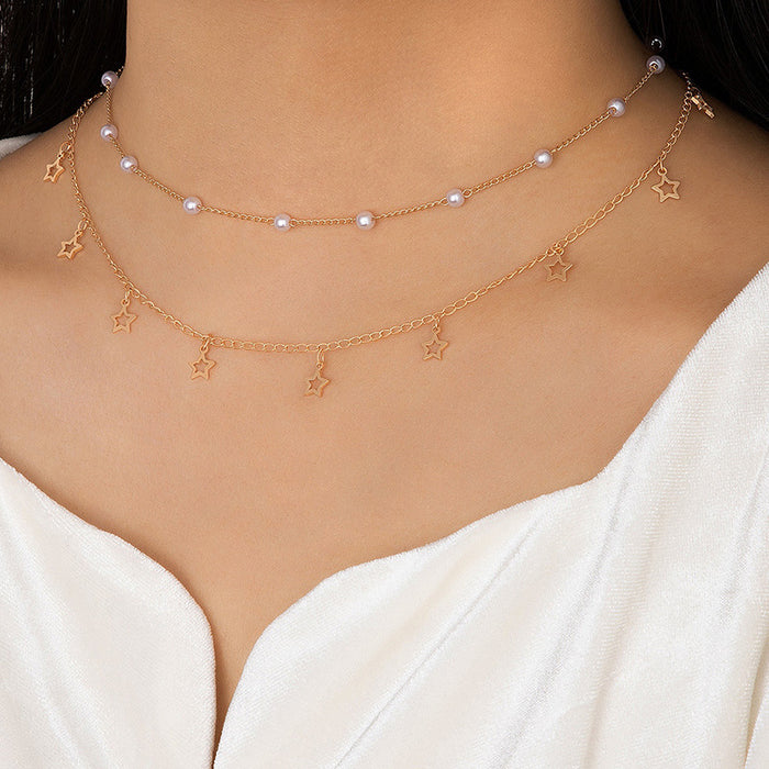 Double Layered Chain Necklace with Pearl and Star Pendants - Stylish Everyday Accessory